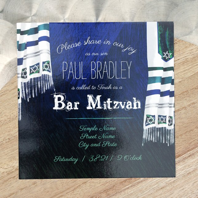 Azul, Oração Verde Shawl Bar Mitzvah Convite (Dark Blue and Teal Green Bar Mitzvah Invitation with Striped Silver Prayer Shawls, Tallit Design)