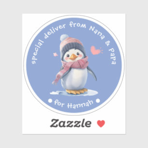 Azul Pinguim Natal para Crianças Etiqueta de Prese