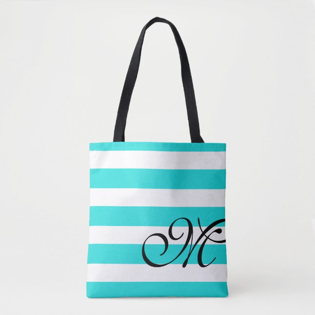Azul Praia Aqua e White Strips Monograma Tote Bag (Frente)