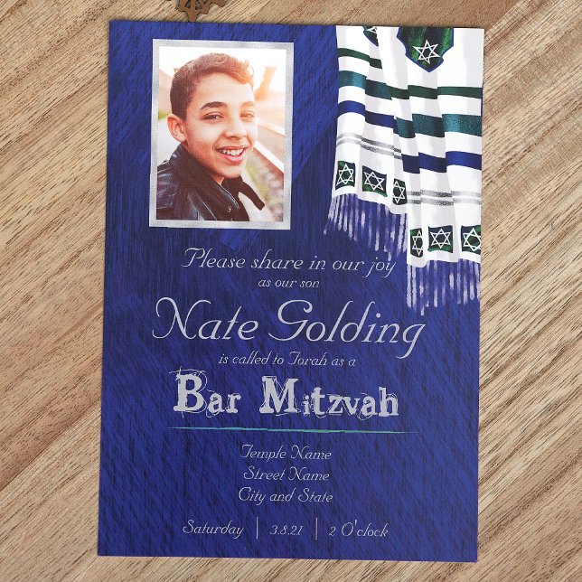 Azul, Prata, Bar de Tallit Teal Mitzvah Convite (Royal Blue Bar Mitzvah Invitation with Silver Striped Tallit, Blue, Silver, Teal Bar Mitzvah)