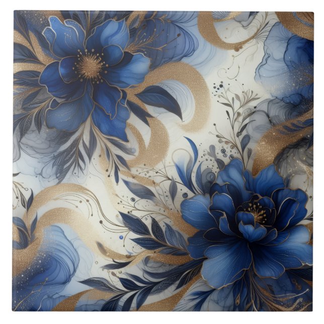 Azul Real e Floral de Tinta Álcool Dourada (Frente)