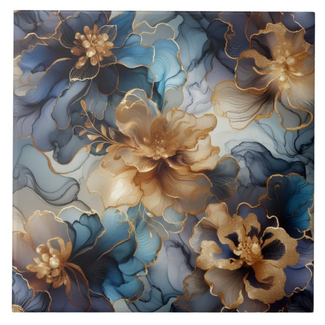 Azul Real e Floral de Tinta Álcool Dourada (Frente)