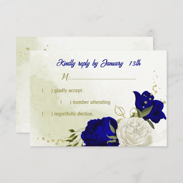 azul real flores brancas verdes folhas RSVP cartão (Frente/Verso)