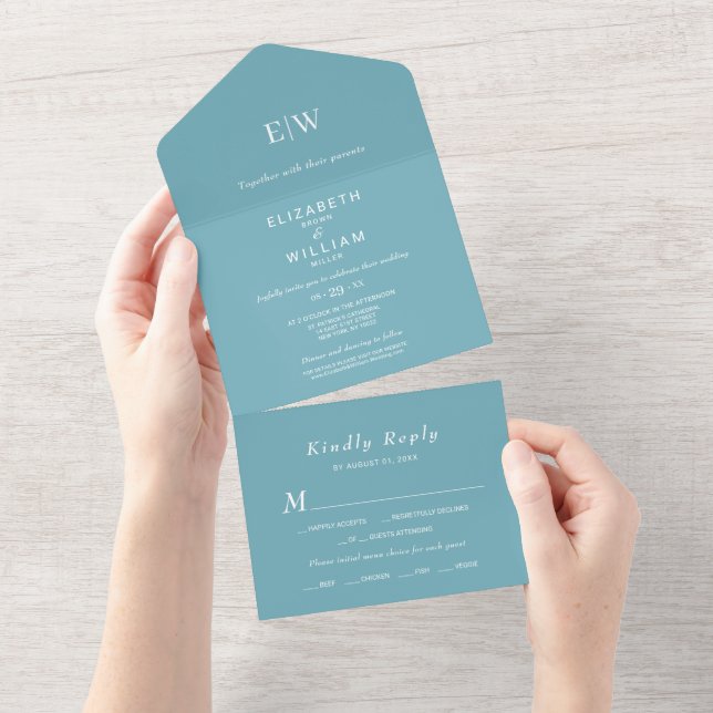 Azul Retro Simples Elegante com Casamento Monogram (Aba destacável)