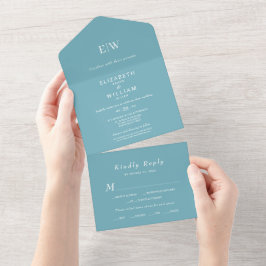 Azul Retro Simples Elegante com Casamento Monogram