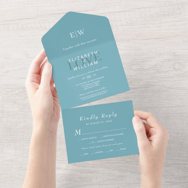 Azul Retro Simples Elegante com Casamento Monogram (Aba destacável)