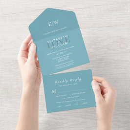 Azul Retro Simples Elegante com Casamento Monogram