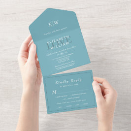 Azul Retro Simples Elegante com Casamento Monogram