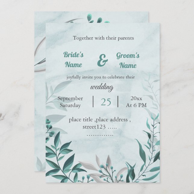 azul romântico deixa convite para casamento floral (Frente/Verso)