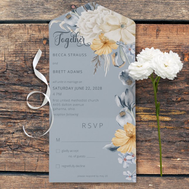 Azul Russo Amarelo e Azul Floral Branco Sem Janto (Rustic Blue Yellow & White Floral Blue All In One Wedding Invitation without Dinner Options)