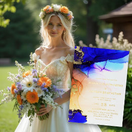 Azul Safira Elegante Laranja Casamento Dourado