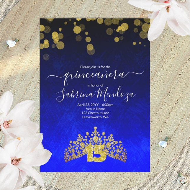 Azul Sapphire, Dourado Convite Tiara Quinceanera (royal blue, gold shimmery lights, gold rhinestone tiara, glitter #15 quinceanera invitation)