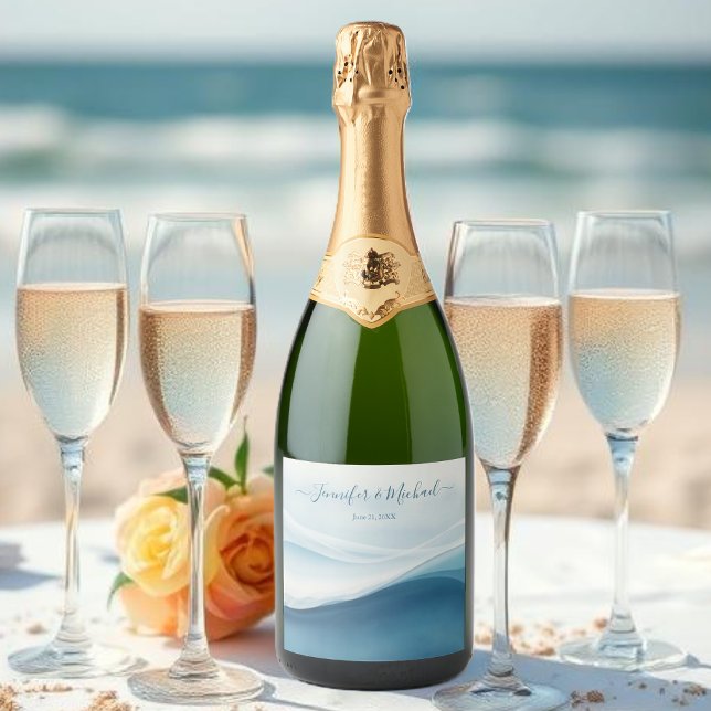 Azul Sereno Moderno Praia (Serene Blue Modern Abstract Sparkling Wine Label )