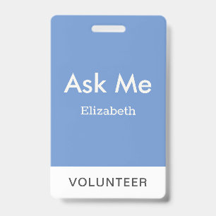 Azul Simples Crachá Personalizado de Voluntário Pe
