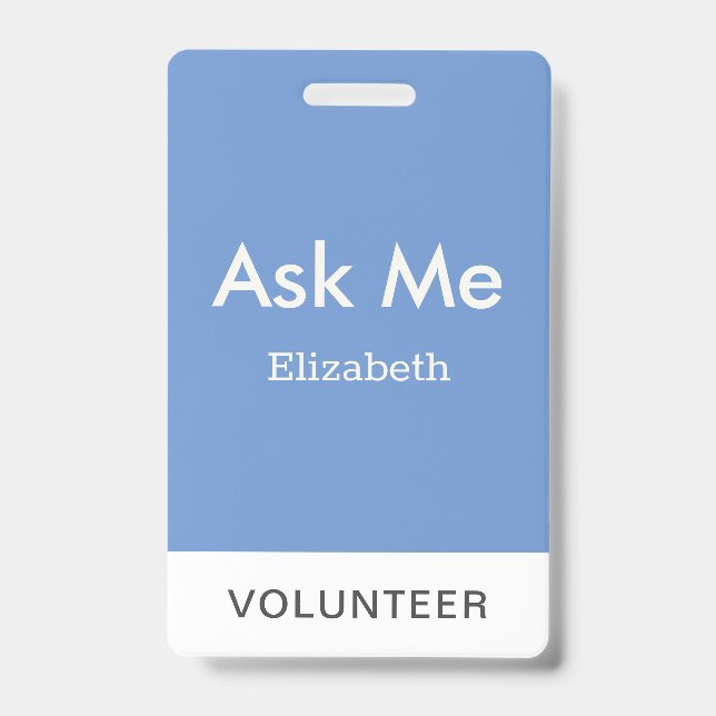 Azul Simples Crachá Personalizado de Voluntário Pe (Frente)