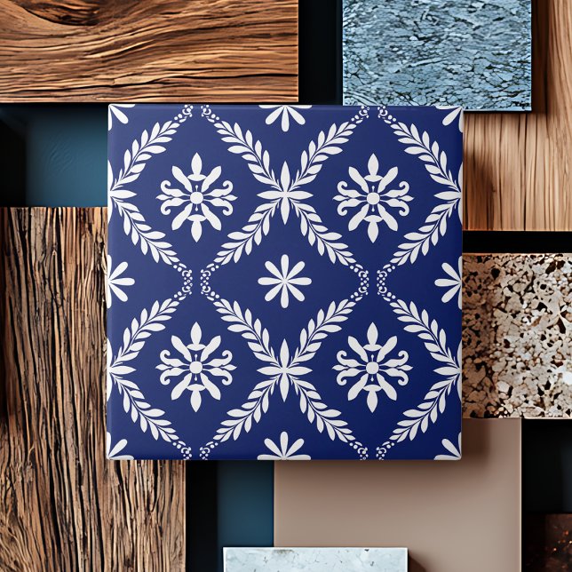 Azul Simples Moderno Geométrico Elegante Abstrato (Blue Simple Modern Geometric Elegant Abstract Floral Symmetrical Ceramic Tile)
