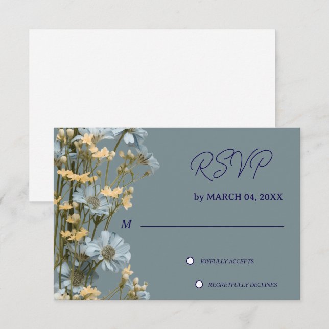 Azul Suave Floral Cinza Clássico Casamento RSVP (Frente/Verso)