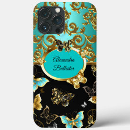 Azul Teal Azul Damask Floral Borboleta Dourado