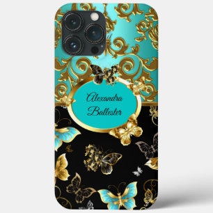 Azul Teal Azul Damask Floral Borboleta Dourado