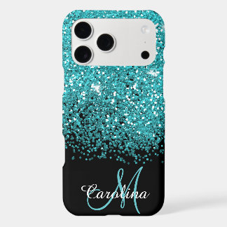 Azul, Teal, Brilhante, Nome e Monograma, Girly