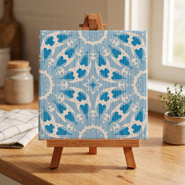 Azul Texturizado Branco Floral Simétrico Estilizad