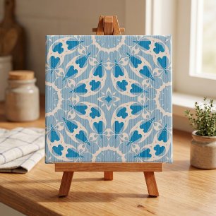 Azul Texturizado Branco Floral Simétrico Estilizad