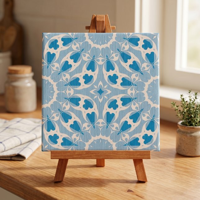 Azul Texturizado Branco Floral Simétrico Estilizad (Criador carregado)