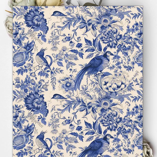 Azul Toile du Jouy Floral Pheasant Papel Sapbook (Criador carregado)