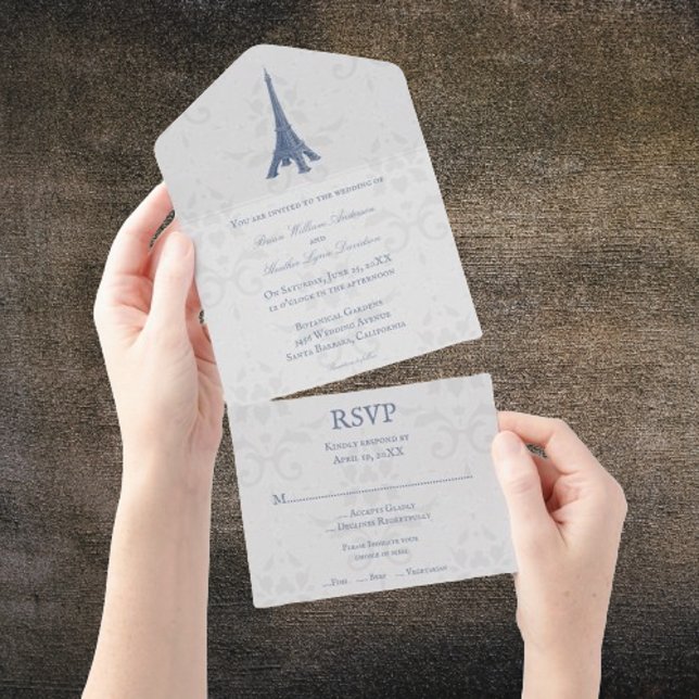 Azul Torre Eiffel Damask All in One Convite de cas (Blue Eiffel Tower Damask All in One Wedding Invite)