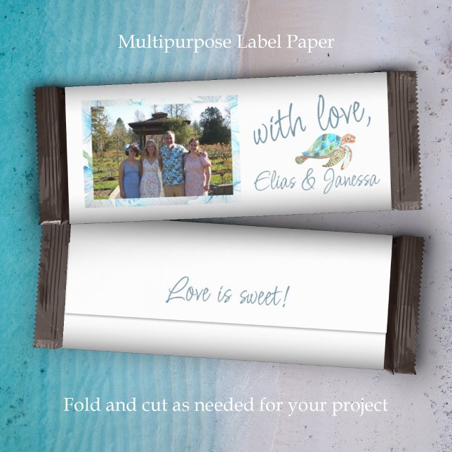 Azul tropical, Bar de doce de Casamento Branco (white blue sea turtle wedding chocolate candy bar wrapper label paper personalized DIY budget favor)