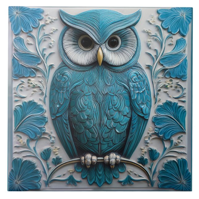 Azul turquesa escuro falso relevo Arte Nova Coruja (Frente)