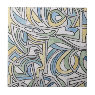 Azul Verde Amarelo Treliça-Mão Pintada Abstrata