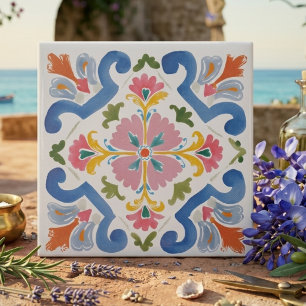 Azul Vibrante e Rosa Arte Folclórica Floral Decora
