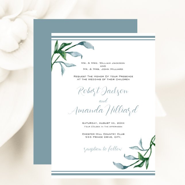 Azul-Vidro Esvazia Convite De Casamento (Watercolor Blue Green Leaves Wedding Invitation)