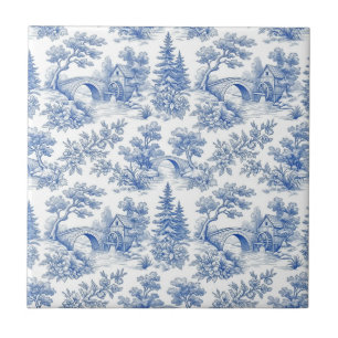 Azul Vintage Toile Francesa Paisagem Florestal