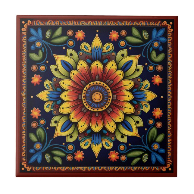 Azulejo 11/12 de flores do estilo Huichol mexicano (Frente)