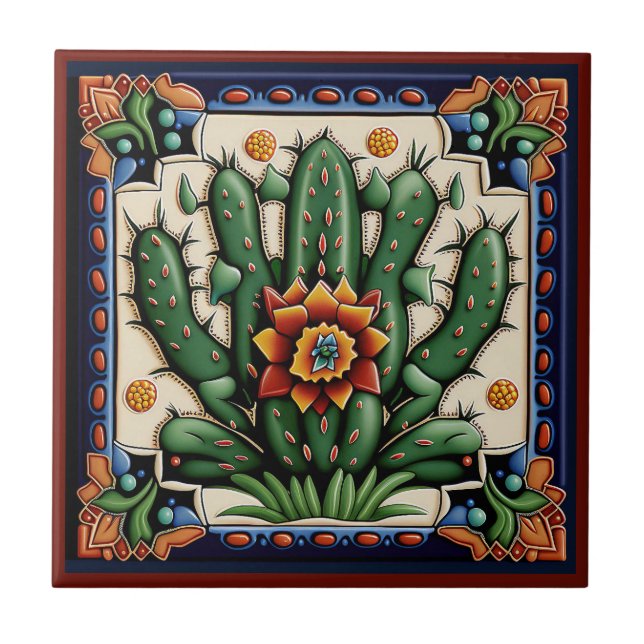 Azulejo 12/12, estilo Huichol mexicano, cacto cerâ (Frente)