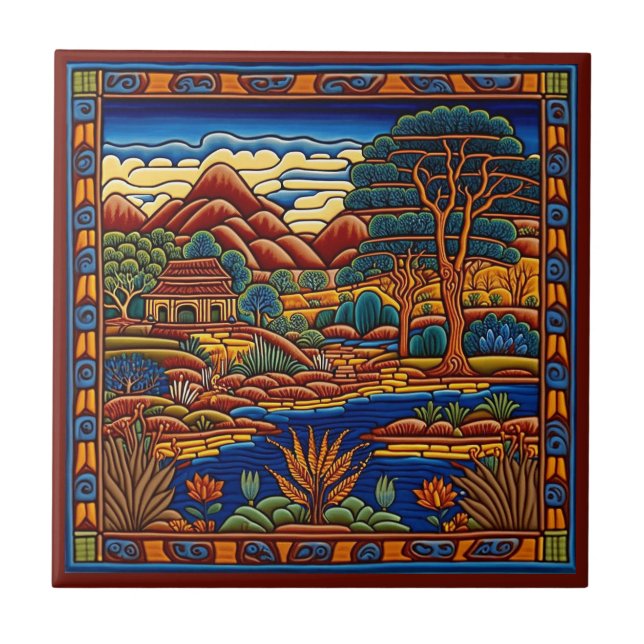 Azulejo 7/12, estilo Huichol mexicano, paisagem ce (Frente)