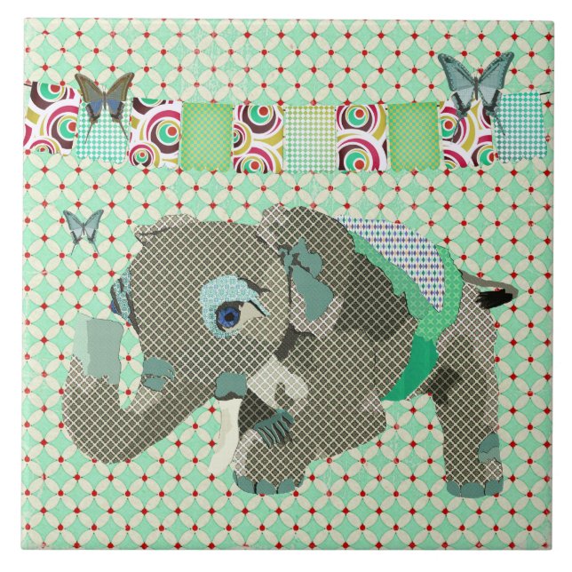 Azulejo afortunado do verde do elefante de Lil (Frente)