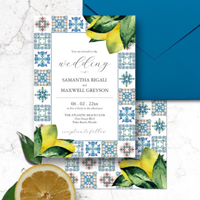 Azulejo Amalfi & Watercolor Lemon Convites De Casa (Italian destination wedding Amalfi tile and watercolor lemon art by Victoria Grigaliunas )