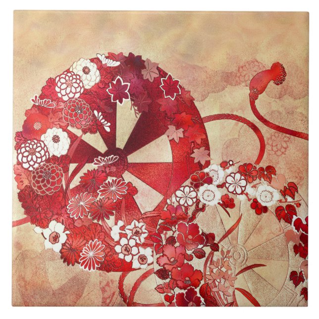 Azulejo Antigo Leque e Flores Oriental (Frente)