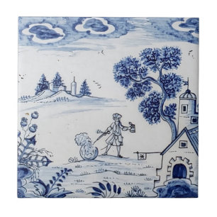 Azulejo Antiquado - Cena Pastoral Azul e Branco-2
