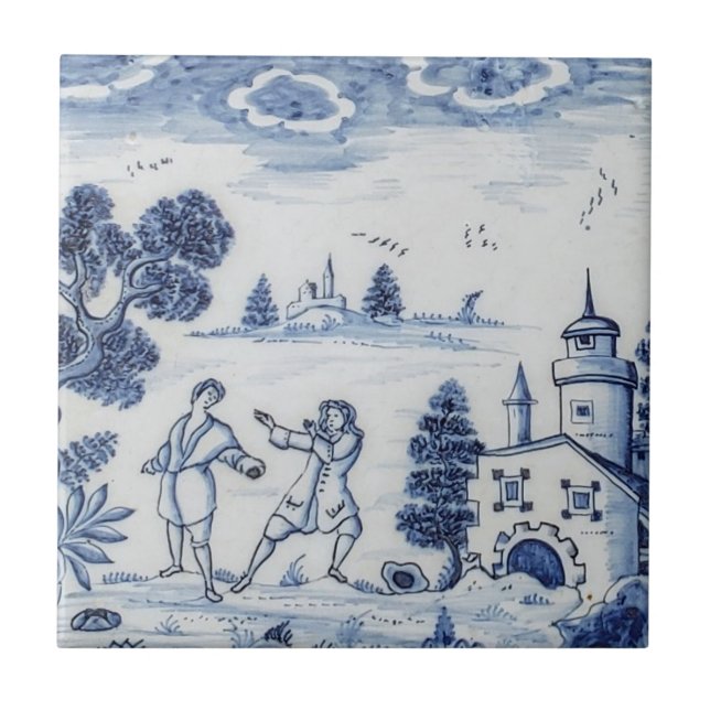 Azulejo Antiquado - Cena Pastoral Azul e Branco-4 (Frente)