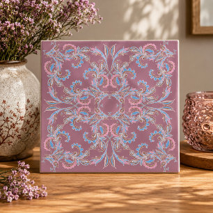 Azulejo Árabe Rosa e Azul Antigo em Bege Desbotado