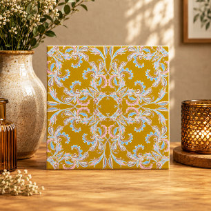 Azulejo Árabe Rosa e Azul Vintage em Ocre Dourado