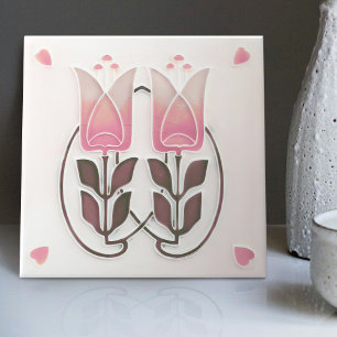 Azulejo Art Nouveau Antigo Tulipas & Corações Gibb
