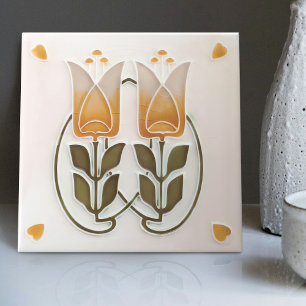 Azulejo Art Nouveau Antigo Tulipas & Corações Gibb
