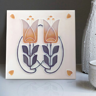 Azulejo Art Nouveau Antigo Tulipas & Corações Gibb