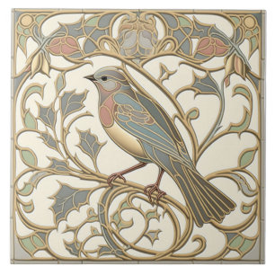 Azulejo Art Nouveau com Desenho de Ave em Mosaico