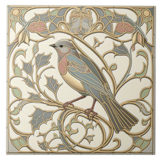 Azulejo Art Nouveau com Desenho de Pássaro em Mosa